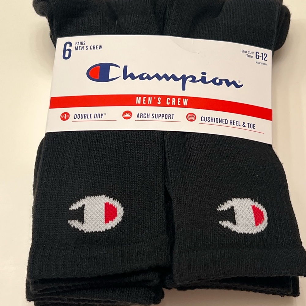 Champion Men's Crew Socks - Black with Red Logo